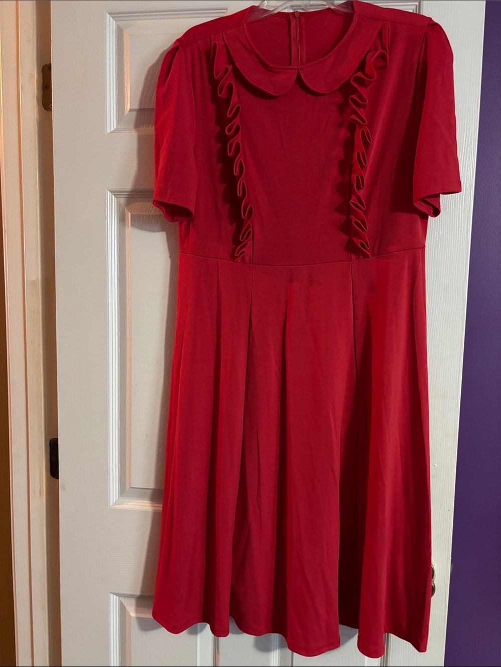 Red Short-Sleeve Midi Dress with Peter Pan Collar and Ruffle Detail